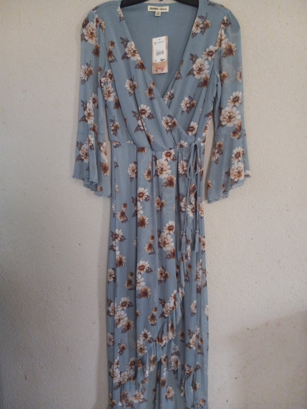 Versona Blue Floral Wrap Maxi Dress with Brown Accents